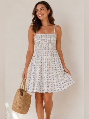 Sim & Sam Blue Ivory Creme Stretch Ruched Floral tank top Ruffled Dress XL NWT